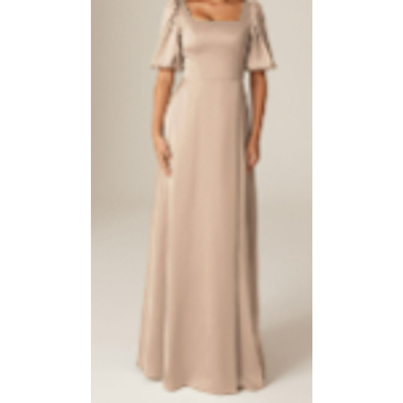 FORMAL PARTY AW 20 3X plus taupe satin Etta puff bridesmaid maxi dress NEW b86 - Picture 1 of 11